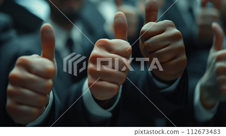 Closeup of many businessmen's hands giving thumbs up. 112673483