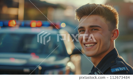 A Caucasian male police officer smiles with confidence while working the streets. 112673484