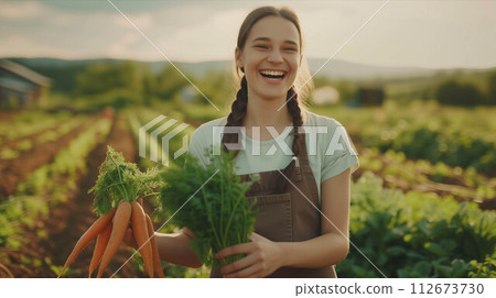 Caucasian girl harvesting carrots on the farm. Caucasian girl harvesting carrots on the farm. 112673730