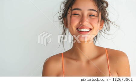 Asian woman wearing bikini on white background. Asian woman wearing bikini on white background. 112673801
