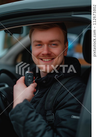 Caucasian man shows car keys in his hand in car showroom. 112673802