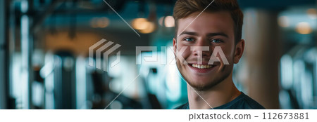 Caucasian man in exercise clothes smiling confidently in the gym. 112673881