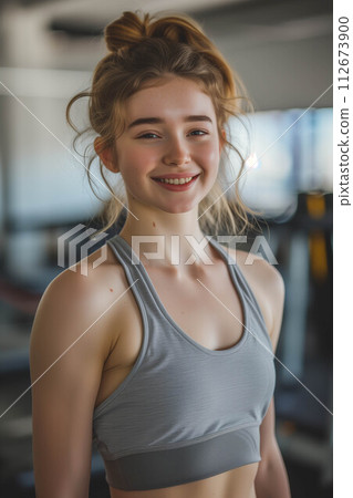Caucasian woman in exercise clothes smiling confidently in the gym. 112673900