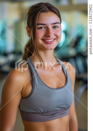 Caucasian woman in exercise clothes smiling confidently in the gym. 112673901