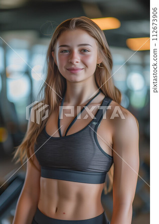 Caucasian woman in exercise clothes smiling confidently in the gym. 112673906