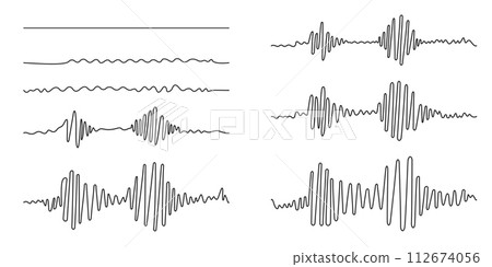 Set sound wave different shape. Continuous one line drawing. Amplitude movement Podcast concept Adjustable black stroke Transparent background. Single outline doodle noise design. Vector illustration. Set sound wave different shape. Continuous one line drawing. Amplitude movement Podcast concept Adjustable black stroke Transparent background. Single outline doodle noise design. Vector illustration. 112674056