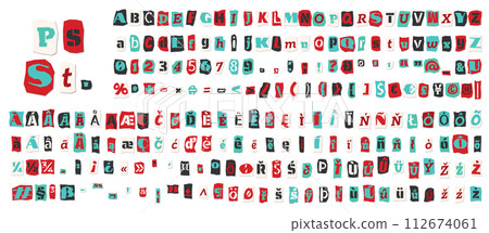 Ransom halftone collage style letters numbers and punctuation marks cut from newspapers and magazines. Vintage ABC collection. Red, black and white alphabet Typography vector illustration 112674061