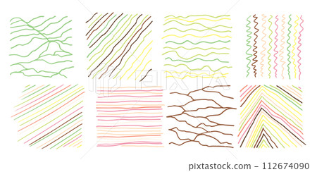 Set Pattern, line hand drawn texture. Hatch drawing pen ink crosshatch pencil sketch. Doodle scratch style. Candy pastel shape isolated on white background. Vintage graphic design. Vector illustration 112674090