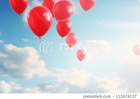 Red balloons flying in sky. Dreamy illustration 112674237