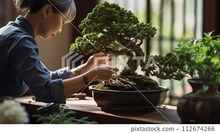Woman gardening taking care of bonsai tree. 112674266