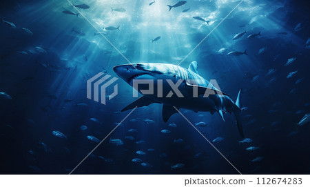 Shark in deep blue ocean generative ai. 112674283