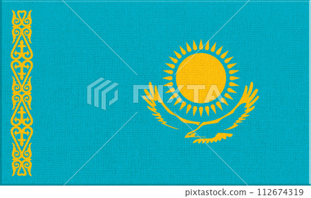 flag of Kazakhstan. National Kazakh flag on fabric surface. Asian country 112674319