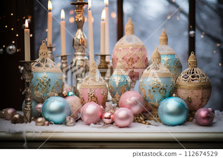 Pink, blue, gold and other bright shades of new year and christmas decor Pink, blue, gold and other bright shades of new year and christmas decor 112674529