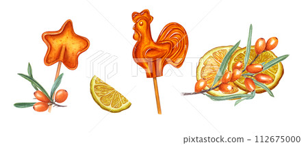 Orange lollipops in the shape of star and rooster, cockerel, chicken. Fruit candy, bonbon, sugar caramel on stick. Orange slice, sea buckthorn berry. Watercolor illustration isolated on white. 112675000