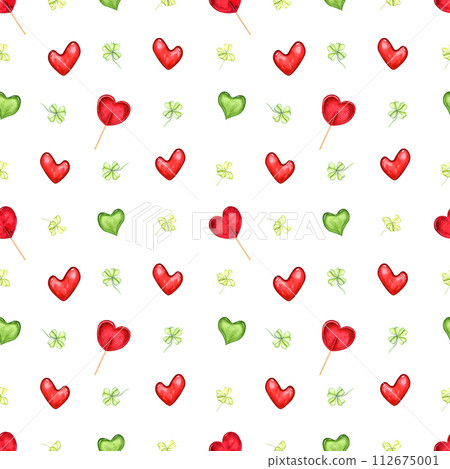 Red, green hearts and green leaves. Seamless pattern. Caramels in the shape of heart. Lollipop on stick. Sucker, sweets, wand. Clover leaf. Watercolor illustration isolated on white. Romantic ornate. 112675001