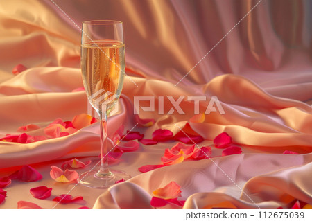 Champagne glass on silk background with flower petals. Champagne glass on silk background with flower petals. 112675039