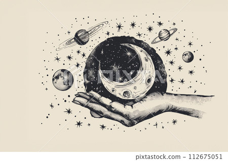 Moon and stars in woman hand. rustic inks drawing Moon and stars in woman hand. rustic inks drawing 112675051