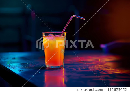 Orange juice in a glass with slice and straw fluorescent colours Orange juice in a glass with slice and straw fluorescent colours 112675052