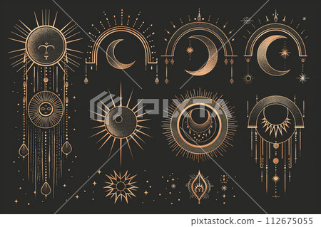 Golden mystery, witchcraft, occult, alchemy, mystical esoteric symbols. Golden mystery, witchcraft, occult, alchemy, mystical esoteric symbols. 112675055