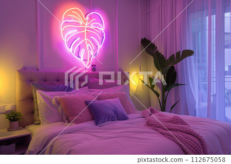 Neon sign monstera in decor of bedroom in modern apartment Neon sign monstera in decor of bedroom in modern apartment 112675058