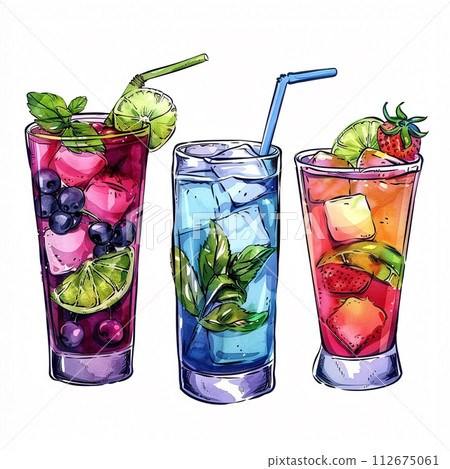 Multicoloured lemonade in glass with lemon slices and mint leafs and ice on white background 112675061