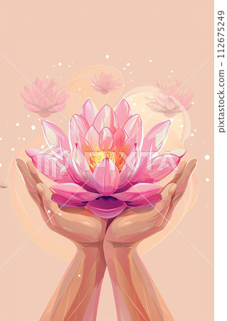 white lotos flower in pond, symbol of wesak day. 3d illustration white lotos flower in pond, symbol of wesak day. 3d illustration 112675249