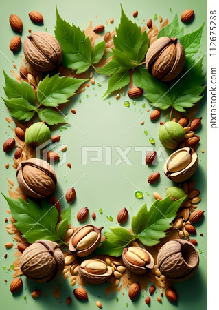 Hazelnuts with foliage isolated on green background Hazelnuts with foliage isolated on green background 112675288
