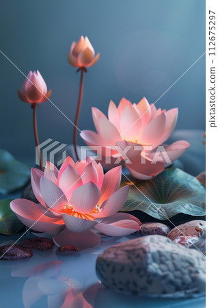 white lotos flower in pond, symbol of wesak day. 3d illustration 112675297