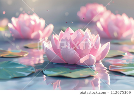 white lotos flower in pond, symbol of wesak day. 3d illustration 112675309