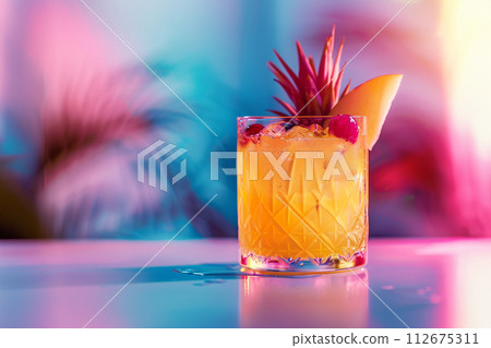 mai tai cocktail with pine apple and palm tree leaves on background mai tai cocktail with pine apple and palm tree leaves on background 112675311