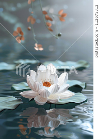white lotos flower in pond, symbol of wesak day. 3d illustration white lotos flower in pond, symbol of wesak day. 3d illustration 112675312