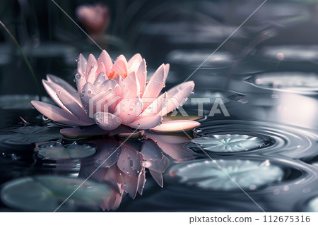 white lotos flower in pond, symbol of wesak day. 3d illustration 112675316
