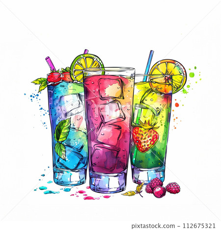 Multicoloured lemonade in glass with lemon slices and mint leafs and ice on white background 112675321