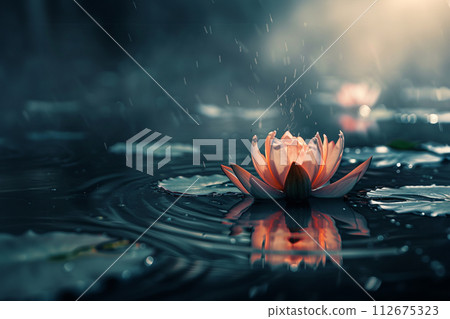 white lotos flower in pond, symbol of wesak day. 3d illustration white lotos flower in pond, symbol of wesak day. 3d illustration 112675323