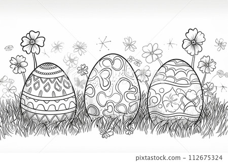 Outline drawing Easter bunny and colourful eggs. Outline drawing Easter bunny and colourful eggs. 112675324
