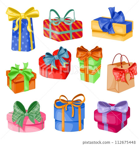 Cute gift boxes with colorful ribbon. Cartoon decorative presents packaging. Different birthday containers shapes. Christmas celebration. Holiday party prize elements. Recent vector set 112675448