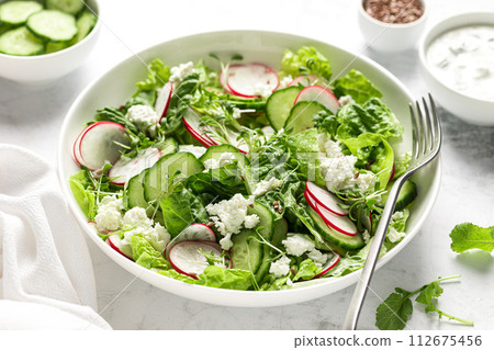 Radish and cucumber fresh green leafy vegetable salad with romaine lettuce, cottage cheese and yogurt 112675456