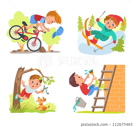 Falling children scenes. Frightened boys slip and fall down stairs. Teen person climbing tree or stepladder. Kids skis and ride bikes. Stressful traumatic situations. Splendid vector set 112675465