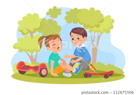 Friends supports. Boy helps crying girl up and calms her down. Gives hand. Childhood injuries. Kids active games. People ride skateboard or hoverboard in park. Splendid vector concept 112675506