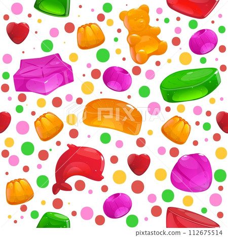 Jelly candies seamless pattern. Fruit gummy sweets. Color marmalade molds. Baby chewing vitamins. Different fruit tastes. Delicious gelatin dessert. Yummy confectionery. Vector background Jelly candies seamless pattern. Fruit gummy sweets. Color marmalade molds. Baby chewing vitamins. Different fruit tastes. Delicious gelatin dessert. Yummy confectionery. Vector background 112675514