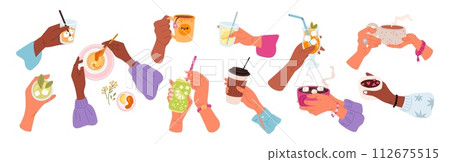 Ladies hands holding drinks. Beverages in glass or ceramic cup. Cold soda can. Tea mug in male fingers. Fresh lemonade. Takeaway coffee. Female arms top and side view. Garish vector set Ladies hands holding drinks. Beverages in glass or ceramic cup. Cold soda can. Tea mug in male fingers. Fresh lemonade. Takeaway coffee. Female arms top and side view. Garish vector set 112675515
