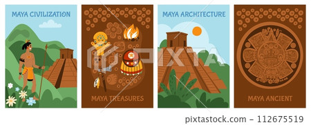Maya civilization cards. Ancient culture. Aztecs or Incas traditions. Occult architecture. Applied arts. Mexican archaeological finds. Sacrifice temple. Indian warrior. Garish vector set Maya civilization cards. Ancient culture. Aztecs or Incas traditions. Occult architecture. Applied arts. Mexican archaeological finds. Sacrifice temple. Indian warrior. Garish vector set 112675519