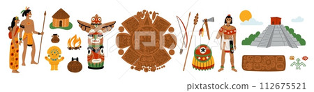 Maya civilization. Ancient Indian culture. Aztecs and Incas traditional elements. Ethnic costumes. Mexican tribe. Mesoamerican people. Occult architecture. Garish vector ethnographic set Maya civilization. Ancient Indian culture. Aztecs and Incas traditional elements. Ethnic costumes. Mexican tribe. Mesoamerican people. Occult architecture. Garish vector ethnographic set 112675521