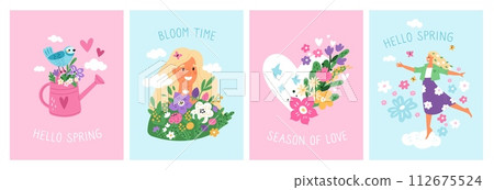 Spring people cards. Happy beautiful girls. Springtime flowers and birds. Good weather. Season change. Plant flowering. Nature awakening. Watering can. Blossoms bouquet. Garish vector set Spring people cards. Happy beautiful girls. Springtime flowers and birds. Good weather. Season change. Plant flowering. Nature awakening. Watering can. Blossoms bouquet. Garish vector set 112675524