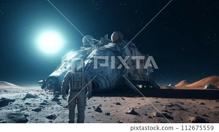 Astronaut in a spacesuit on an asteroid or planet moon in outer space. AI generated 112675559