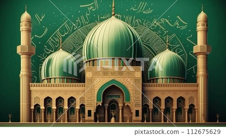 Muslim Arabic mosque for prayers to the god Allah with domes and high minarets. AI generated 112675629
