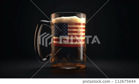 A glass of beer and an abstract star and striped USA state flag. AI generated 112675644