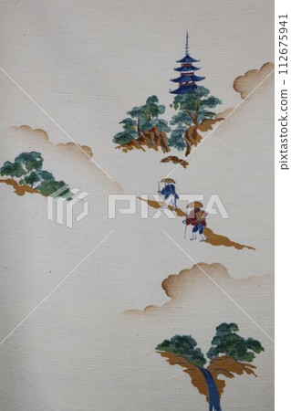 Antique kimono fabric, pattern of a traveler on the highway 2 Antique kimono fabric, pattern of a traveler on the highway 2 112675941