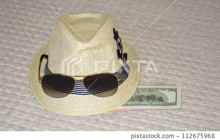 some wardrobe items and necessary things during summer holiday in the fresh air 112675968
