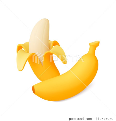 Isolated 3d bananas. Clean banana and in peel. Yellow tropical fruits, exotic vitamin sweet dessert food. Realistic render vector natural elements 112675970